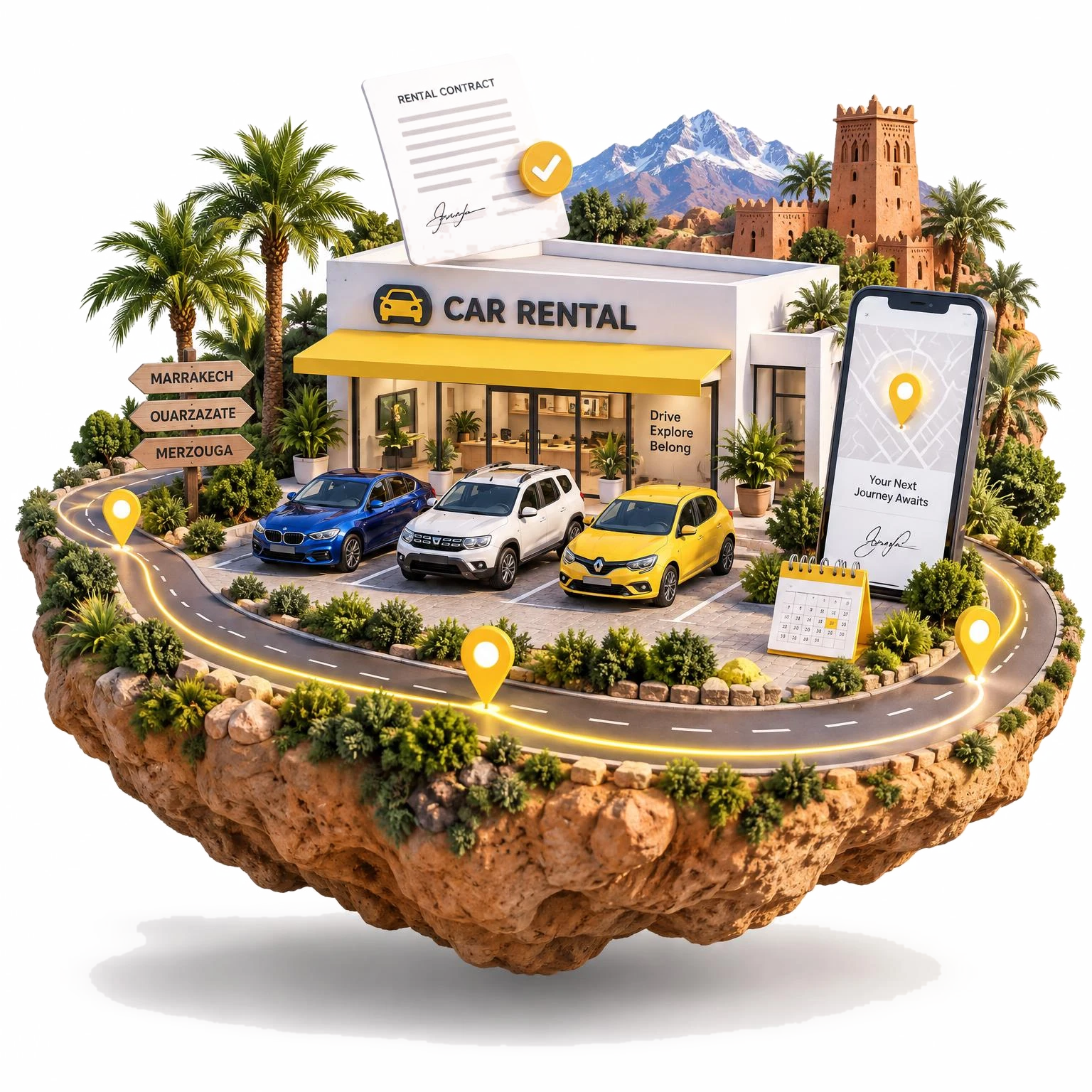 Illustration of a car rental agency with cars, a signed contract and a phone showing live GPS